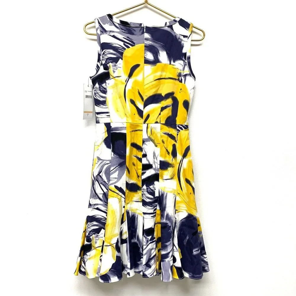 Chetta B Dress Womens Size 2 Fit & Flare Sleeveless Navy Blue Yellow Cotton NWT‎
